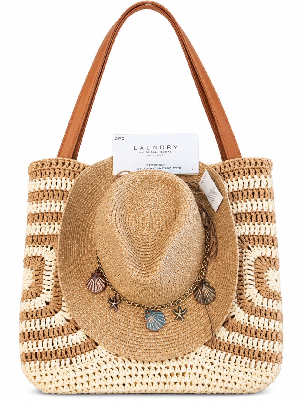 Laundry By Shelli Segal Tan & Cream Woven Straw Tote with Matching Hat
